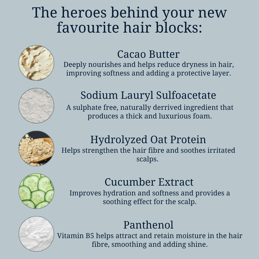 Conditioner Block ingredients including cocoa butter, glycerin, oat protein, cucumber extract and vitamin E