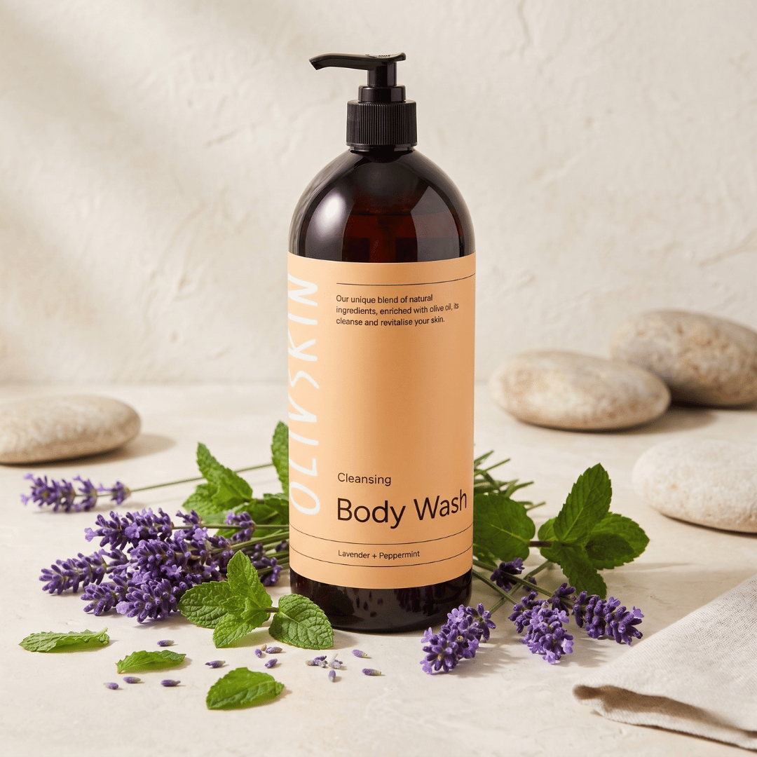 Olivskin Lavender & Peppermint Body Wash displayed with lavender and peppermint botanicals