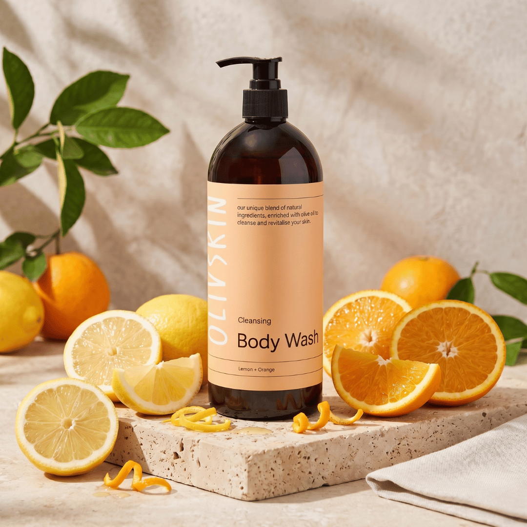 Olivskin Lemon & Orange Body Wash displayed with fresh lemons and oranges