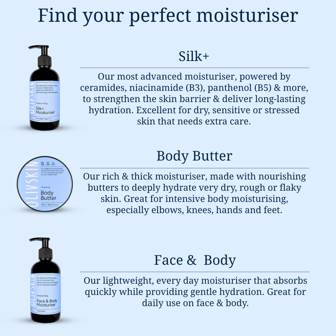 Olivskin moisturiser comparison guide for Silk+, Body Butter and Face & Body Moisturiser
