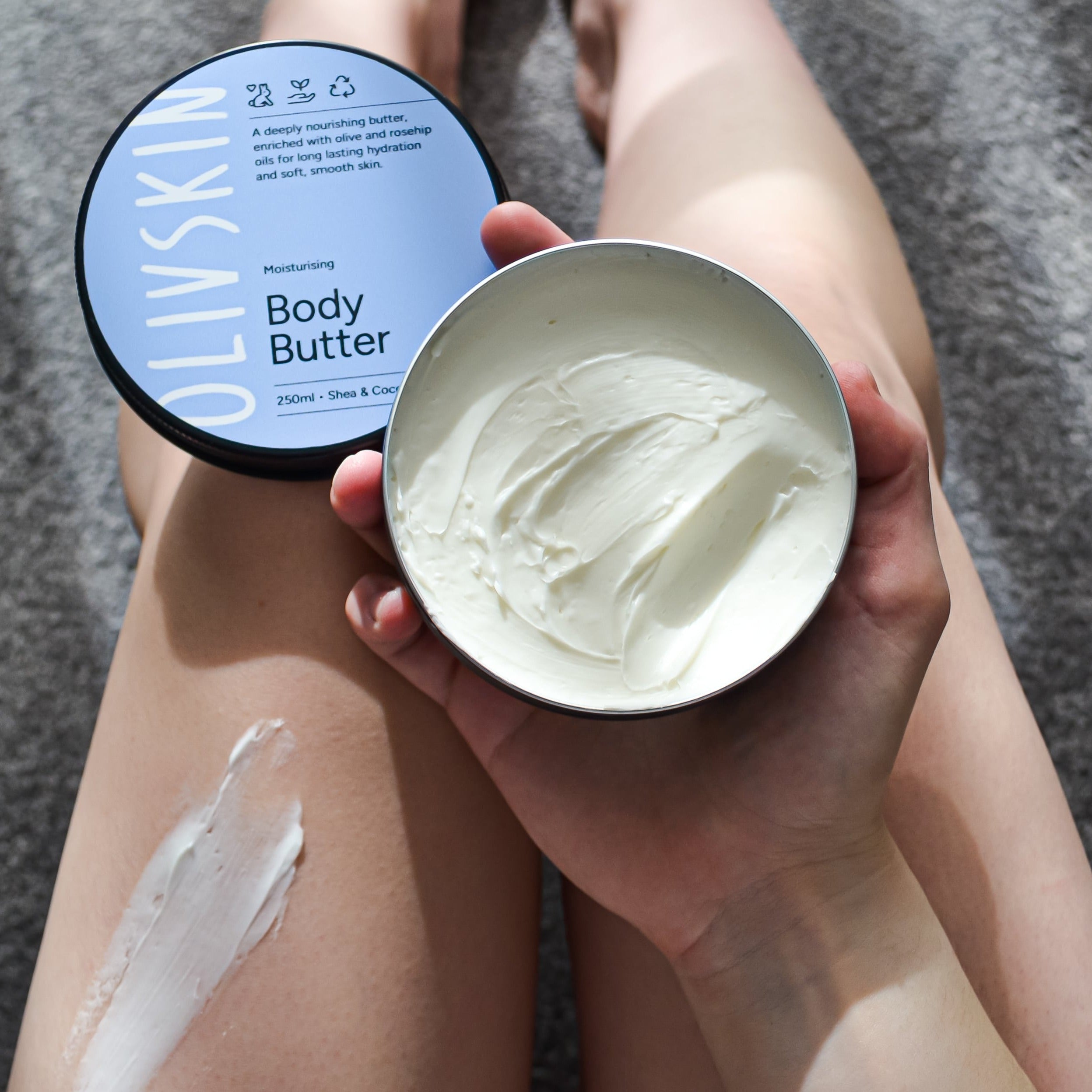 Olivskin Original Body Butter being applied to skin for deep moisturising