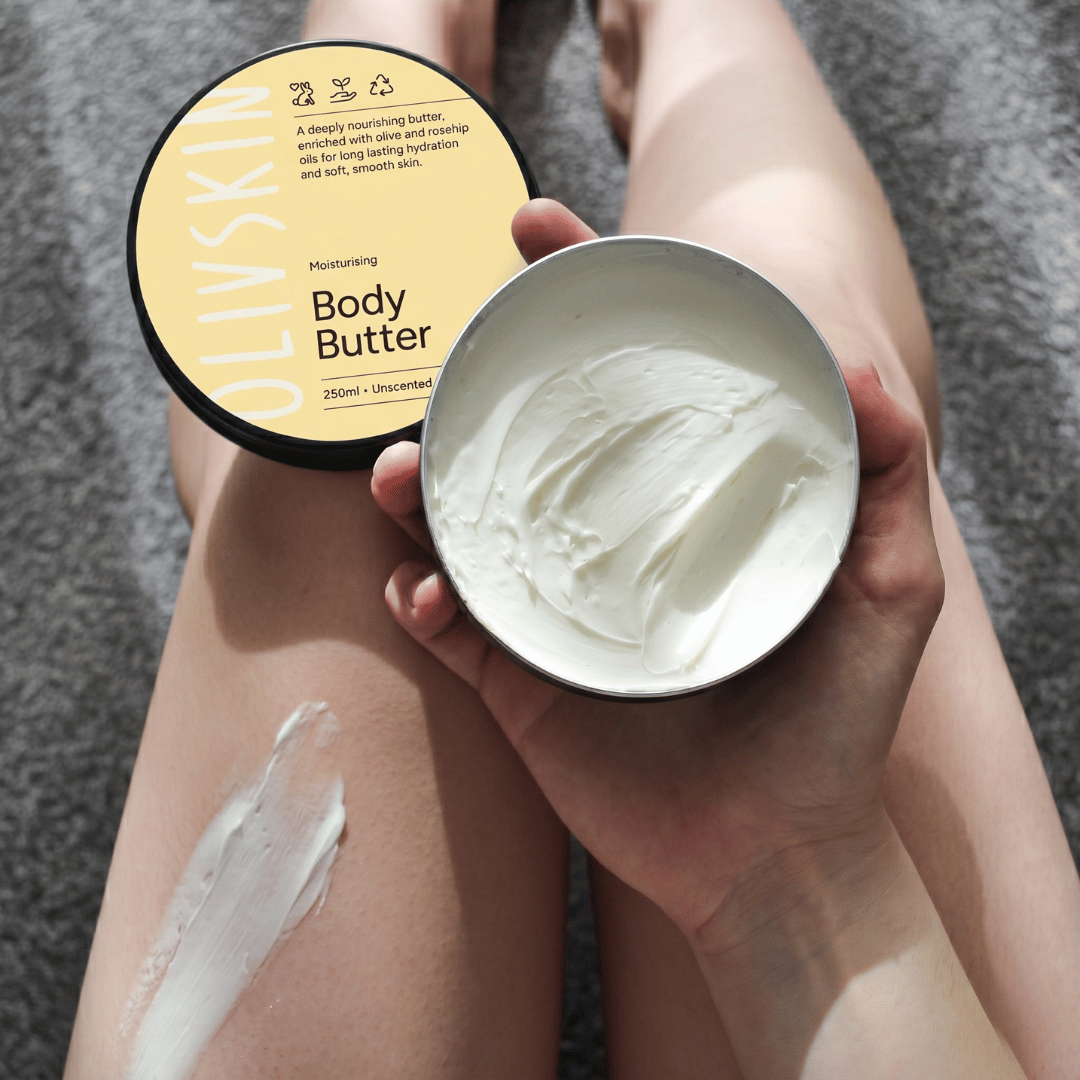 Olivskin Unscented Body Butter being applied to dry skin