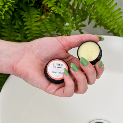 grapefruit lip balm in hand