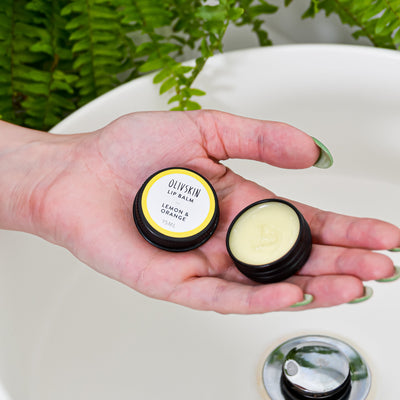 lemon and orange lip balm in use