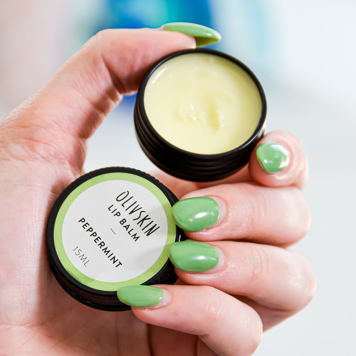 peppermint lip balm in use