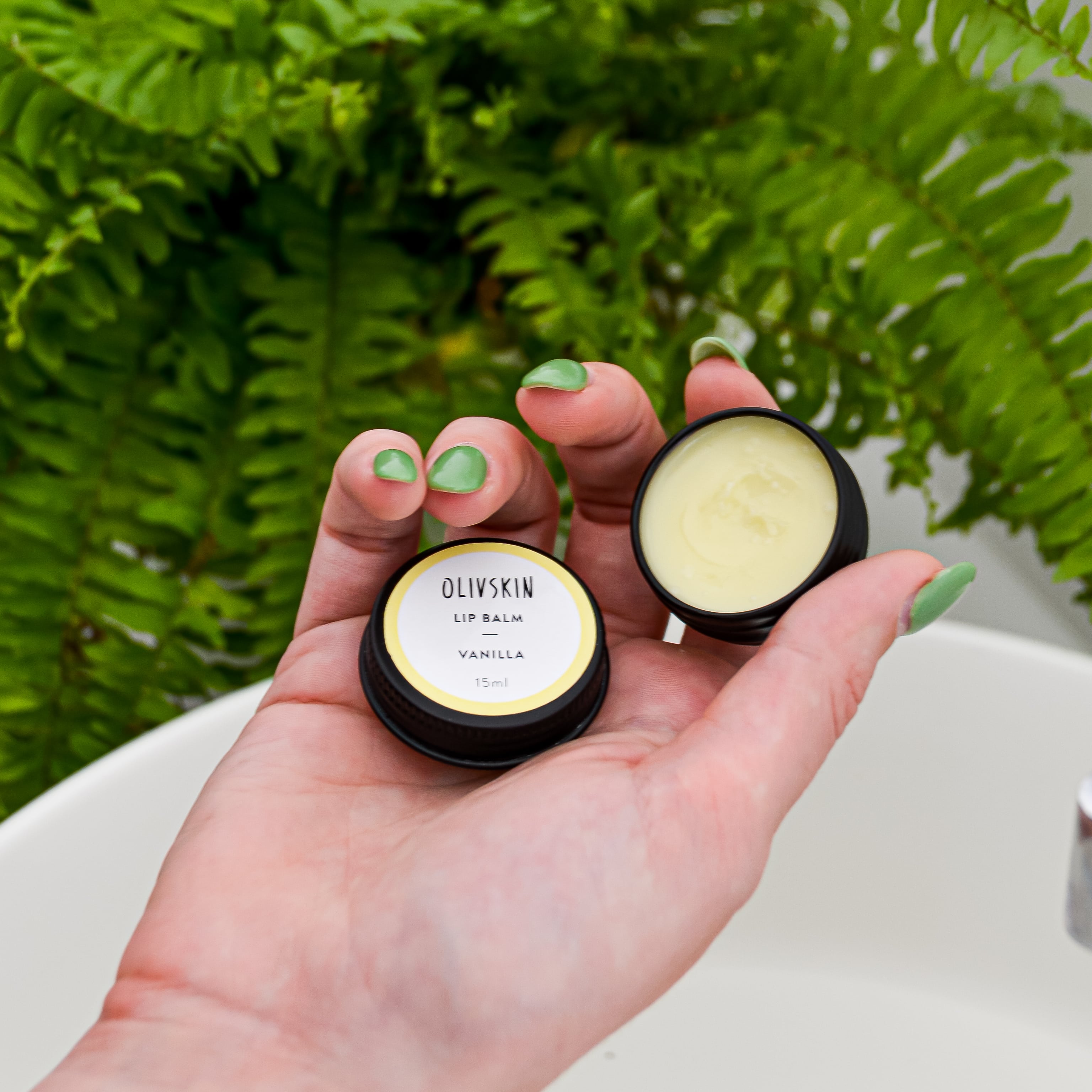 vanilla lip balm in use